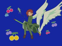  1boy cardcaptor_sakura cherry commentary_request flying food fruit fuuin_no_tsue gakuran green_eyes hierophant_green jojo_no_kimyou_na_bouken kakyoin_noriaki male_focus morphin_e red_hair school_uniform solo staff stand_(jojo) stardust_crusaders wings 