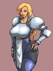  armor bad_link blonde_hair blue_eyes blue_leotard blue_pantyhose blue_thighhighs breastplate breasts bridal_gauntlets curvy female hand_on_own_hip janne_d&#039;arc large_breasts leotard lips long_hair looking_at_viewer pantyhose pauldrons pink_background rennes shoulder_armor smile snk solo tabard thighhighs thighhighs_over_pantyhose vambraces world_heroes 