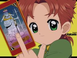  1boy cardcaptor_sakura clow_card commentary_request fujita_mariko_(style) gakuran green_eyes jojo_no_kimyou_na_bouken kakyoin_noriaki male_focus morphin_e parody red_hair school_uniform solo stardust_crusaders style_parody tarot tarot_(card) the_hierophant_(tarot) 