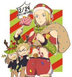  3boys antlers blonde_hair blue_eyes christmas commentary_request dated detached_sleeves diego_brando gift gyro_zeppeli hat horns johnny_joestar jojo_no_kimyou_na_bouken male_focus midriff morphin_e multiple_boys reindeer_antlers sack santa_costume santa_hat steel_ball_run 