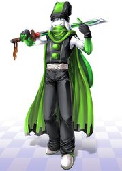  anthro beanie biped bottomwear cape clothed clothing digi_valentine fingerless_gloves footwear front_view full-length_portrait fully_clothed gesture gloves green_body green_eyes green_skin hand_gesture handwear hat headgear headwear holding_melee_weapon holding_object holding_sword holding_weapon kichigai male melee_weapon pants portrait reverse_v_sign shoes simple_background sleeveless_shirt smile solo standing sword tattoo v_sign valentine_(character) weapon white_background white_body white_skin 