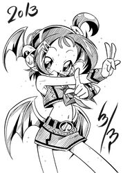  2013 arukime blush commentary_request female greyscale headset low_wings midriff miniskirt monochrome navel necktie ojamajo_doremi open_mouth segawa_onpu short_hair side_ponytail skirt solo v wings 