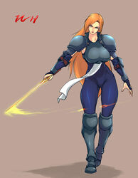  armor bad_link blue_eyes bodysuit breastplate bridal_gauntlets elbow_gloves female full_body gloves glowing glowing_sword glowing_weapon greaves highres janne_d&#039;arc long_hair navel orange_hair pauldrons rennes serious shoulder_armor skin_tight snk solo sword tabard vambraces weapon world_heroes 