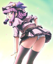  adapted_costume alternate_costume alternate_hair_length alternate_hairstyle black_thighhighs charm_(object) commentary_request crescent crescent_hat_ornament earrings female hat hat_ornament highres jewelry panties pantyshot patchouli_knowledge purple_eyes purple_hair short_hair solo standing tdk thighhighs touhou underwear white_panties 