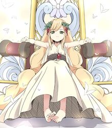  armpits barefoot blonde_hair commentary_request dress feet female food fruit grapes green_eyes hair_ornament koa light_frown long_hair looking_at_viewer magi_the_labyrinth_of_magic mole petite sash scheherazade_(magi) sitting solo throne toes very_long_hair 