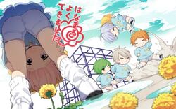  5boys a3! aged_down bad_id bad_twitter_id blue_shirt blue_sky closed_eyes cloud cloudy_sky cotono_(nazekun) dandelion day flower flower_(symbol) green_hair grin ikaruga_misumi jumping jungle_gym kindergarten kindergarten_uniform lolicon miyoshi_kazunari multiple_boys name_tag running rurikawa_yuki sakisaka_muku shirt shorts skirt sky smile socks sumeragi_tenma 