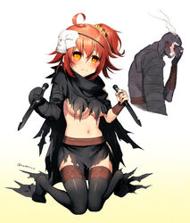  ahoge alternate_costume bad_id bad_pixiv_id bandages black_thighhighs blush breasts commentary_request cosplay fate/grand_order fate_(series) female fujimaru_ritsuka_(female) hair_ornament hair_scrunchie hand_on_own_face hassan_of_the_cursed_arm_(fate) hassan_of_the_cursed_arm_(fate)_(cosplay) highres hood hoodie looking_at_viewer mask medium_breasts nabenko one_side_up orange_eyes orange_hair scrunchie short_hair side_ponytail skull_mask thighhighs underboob weapon yellow_scrunchie 