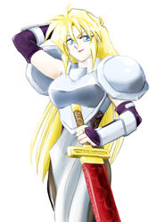  amakasu arm_behind_head armor bad_id bad_pixiv_id blonde_hair blue_eyes breastplate breasts bridal_gauntlets commentary_request corset elbow_gloves female gloves janne_d&#039;arc lipstick long_hair makeup pantyhose pauldrons sheath sheathed shoulder_armor smile snk solo standing sword tabard vambraces weapon world_heroes 