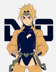  belt blonde_hair commentary_request dio_brando female garter_straps genderswap_(mtf) headband heart jacket jojo_no_kimyou_na_bouken morphin_e red_eyes rule_63 solo stardust_crusaders yellow_jacket 