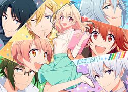  6+boys black_hair blonde_hair blue_hair commentary_request female glasses green_hair idolish7 idolish7_(idolish7) izumi_iori izumi_mitsuki looking_at_viewer multiple_boys nanase_riku nikaido_yamato ninahachi orange_hair osaka_sougo red_eyes red_hair rokuya_nagi smile takanashi_tsumugi white_hair yotsuba_tamaki 