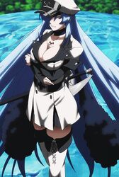  akame_ga_kill! aqua_hair blue_eyes blue_hair boots breasts cleavage esdeath esdese female hair_over_one_eye hat highres large_breasts long_hair looking_at_viewer military military_uniform peaked_cap skirt solo standing sword thigh_boots thighhighs thighs uniform very_long_hair weapon white_legwear 