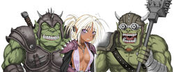  2boys ahoge armor breasts brown_hair clenched_teeth closed_eyes colored_skin commentary_request covered_nipples dark-skinned_female dark_elf dark_skin elf facial_hair fangs female goatee goggles green_skin grin hand_on_shoulder harahachibu_ajinosuke helmet highres jewelry kunai mace medium_breasts multiple_boys necklace nose_piercing nose_ring open_mouth orc original pauldrons piercing pointy_ears purple_eyes scar shoulder_armor sideboob smile surprised sweatdrop tattoo teeth vambraces weapon white_hair 