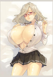  absurdres albino black_skirt blush border breasts buttons cleavage collarbone commentary_request cowboy_shot dress_shirt female glasses gram_(muneneko) highres huge_breasts long_sleeves looking_at_viewer miniskirt muneneko open_clothes open_shirt original parted_lips partial_commentary pleated_skirt red-framed_eyewear red_eyes shirt silver_hair skirt solo unbuttoned white_shirt 