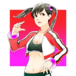  alternate_costume bangle black_hair bracelet breasts brown_eyes cleavage commentary_request crop_top cropped_jacket female fighting_stance groin jacket jewelry joe_(milkcrown) ling_xiaoyu long_hair midriff navel open_clothes open_jacket scrunchie small_breasts solo sports_bra stomach tekken tekken_4 track_jacket twintails 