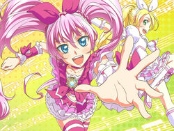  2girls blonde_hair blue_eyes commentary_request cure_melody cure_rhythm green_eyes houjou_hibiki magical_girl minamino_kanade multiple_girls nishiwaki pink_hair precure suite_precure thighhighs 