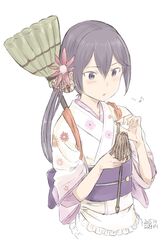  akebono_(kancolle) akebono_(new_year_mode)_(kancolle) apron bell broom commentary_request cropped_torso dated duster eighth_note female flower hair_bell hair_flower hair_ornament japanese_clothes jingle_bell kantai_collection kawashina_(momen_silicon) kimono long_hair musical_note official_alternate_costume purple_eyes purple_hair side_ponytail signature simple_background solo tasuki upper_body waist_apron white_background 