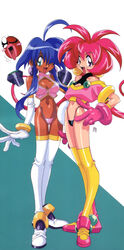  1990s_(style) 2girls absurdres ahoge aqua_eyes blonde_hair boots cacao_(lamune) cleavage_cutout clothing_cutout dark-skinned_female dark_skin earrings elbow_gloves freckles gloves highres jewelry kotobuki_tsukasa large_hands long_hair looking_at_viewer multiple_girls navel official_art one_eye_closed open_mouth parfait_(lamune) photoshop_(medium) pink_hair pq_(lamune) purple_eyes retro_artstyle sidelocks thigh_boots thighhighs thong vs_knight_lamune_&amp;_40_fire 