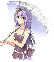  bare_shoulders blush bow collarbone dress female hair_ornament hairbow hairclip kuwashima_rein long_hair looking_at_viewer purple_eyes purple_hair rune_factory rune_factory_3 simple_background sofia_jalapeno_viviage solo umbrella 