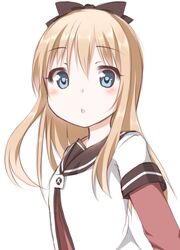  blonde_hair blue_eyes bow commentary_request female hairbow kou89 looking_at_viewer nanamori_school_uniform open_mouth school_uniform serafuku simple_background solo toshinou_kyouko triangle_mouth white_background yuru_yuri 