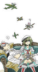  1boy admiral_(kancolle) aircraft airplane book commentary_request controller eyepatch female green_hair hat kai_(akamekogeme) kantai_collection kiso_(kancolle) military military_uniform naval_uniform pleated_skirt radio_controller remote_control remote_control_vehicle school_uniform serafuku skirt sleeping uniform 