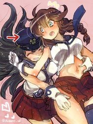  2girls ^^^ ^_^ agano_(kancolle) black_hair blush braid breasts brown_hair closed_eyes commentary_request gloves green_eyes hair_between_eyes hat kantai_collection kazami_miki large_breasts long_hair midriff miniskirt multiple_girls necktie noshiro_(kancolle) open_mouth peaked_cap pinching pleated_skirt school_uniform serafuku single_thighhigh skirt thighhighs twitter_username white_gloves 