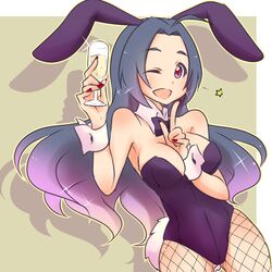  alcohol animal_ears blue_hair bow bowtie champagne champagne_flute commentary_request cup detached_collar drinking_glass female fishnet_pantyhose fishnets highres idolmaster idolmaster_(classic) long_hair maiko_(yoshida308) miura_azusa pantyhose playboy_bunny rabbit_ears rabbit_tail red_eyes solo tail wrist_cuffs 