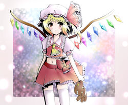  ascot bad_id bad_pixiv_id bow closed_mouth collared_shirt cowboy_shot female flandre_scarlet frilled_ascot frilled_shirt_collar frilled_skirt frills hat holding holding_stuffed_toy medium_hair midriff_peek mizuki_miyu mob_cap navel puffy_short_sleeves puffy_sleeves red_skirt shirt short_sleeves skirt solo stuffed_animal stuffed_toy thighhighs touhou white_hat white_thighhighs wings yellow_ascot zettai_ryouiki 