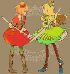  2girls arched_crown argyle_clothes argyle_legwear bad_id bad_pixiv_id blonde_hair blue_crown boots brown_legwear closed_eyes crown dress fork green_legwear hat knife long_hair mini_hat mini_top_hat multiple_girls necktie orange_hair original oversized_object pantyhose pikaro short_hair smile striped_clothes striped_pantyhose top_hat vertical-striped_clothes vertical-striped_pantyhose 