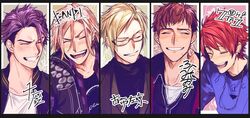  5_(femfamme) 5boys a3! bad_id bad_twitter_id blonde_hair blush brown_hair closed_eyes flower furuichi_sakyou fushimi_omi glasses grin hyodou_juuza jewelry laughing male_focus medium_hair multiple_boys nanao_taichi necklace purple_hair red_hair settsu_banri signature smile split_screen upper_body 