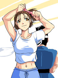  1boy back-to-back breasts brown_eyes brown_hair commentary_request female hair_ribbon hanzo_(world_heroes) headband izumo_ryoko large_breasts midriff one_side_up qkat_(arikawa-dou) ribbon shirt short_hair smile snk solo_focus t-shirt world_heroes 