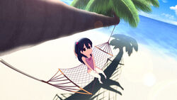  absurdres bad_id bad_pixiv_id beach black_hair casual_one-piece_swimsuit female hair_bobbles hair_ornament hammock highres kitashirakawa_anko lolicon one-piece_swimsuit one_side_up palm_tree photoshop_(medium) qkracho_(thesdroz) sandals solo swimsuit tamako_market tree yellow_eyes 