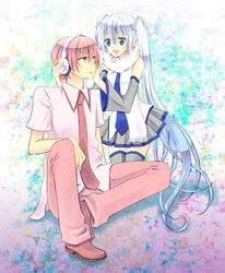  1boy aqua_eyes aruhina blue_hair commentary_request cosplay detached_sleeves dual_persona earmuffs female genderswap_(ftm) hatsune_miku hatsune_mikuo long_hair necktie open_mouth pink_eyes pink_hair rule_63 sakura_miku sakura_miku_(cosplay) sakura_mikuo scarf sitting skirt thighhighs twintails very_long_hair vocaloid white_scarf yuki_miku yuki_miku_(2011) 