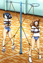  2girls arms_behind_back basketball_court basketball_hoop black_hair blindfold bloomers bondage bondage bondage bound bound_ankles bound_arms bound_chest box_tie brown_hair cleave_gag clenched_hand daikinbakuju gag gym_uniform gymnasium multiple_girls original peril pole rope socks sweatshirt tiptoes white_blindfold white_socks 