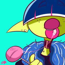  1:1 alien ami_(disambiguation) bodily_fluids candy dessert drooling female food freckles hi_res holding_candy holding_food holding_lollipop holding_object lips lollipop not_furry ota_(artist) saliva solo thick_lips 