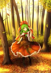  autumn autumn_leaves black_pantyhose boots bow commentary_request dress female forest frills front_ponytail green_eyes green_hair hair_ornament hair_ribbon hairbow highres kagiyama_hina leaf long_hair maple_leaf nature open_mouth pantyhose ribbon smile solo touhou tree yuyumi_(yuurei) 