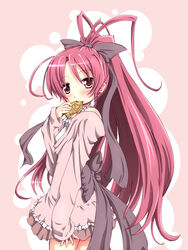  alternate_costume blush commentary_request eating female food hair_ribbon highres long_hair looking_at_viewer mahou_shoujo_madoka_magica mahou_shoujo_madoka_magica_(anime) photoshop_(medium) ponytail red_eyes red_hair ribbon sakura_kyoko sakuraebi_chima skirt solo taiyaki wagashi 