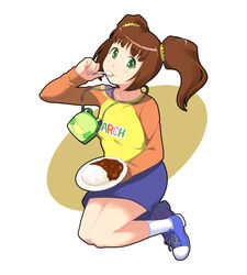  bag brown_hair commentary_request curry curry_rice female food green_eyes handbag idolmaster idolmaster_(classic) long_hair photoshop_(medium) raglan_sleeves rice solo spoon takatsuki_yayoi toshifumi twintails 