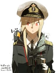  binoculars bird blonde_hair commentary_request failure_penguin female gloves hat highres hms_thunderer_(siirakannu) kantai_collection long_hair military military_uniform miss_cloud necktie original peaked_cap siirakannu solo uniform 