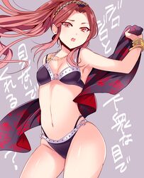  bangle bikini black_bikini bracelet breasts brown_eyes brown_hair commentary_request female hairband idolmaster idolmaster_cinderella_girls jewelry long_hair o-ring o-ring_bottom o-ring_top small_breasts solo swimsuit wemu_(ivycrown) zaizen_tokiko 