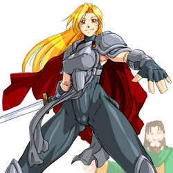  1boy armor beard blonde_hair bodysuit breastplate breasts cape commentary_request facial_hair female fingerless_gloves gloves janne_d&#039;arc large_breasts long_hair orange_eyes pantyhose pauldrons qkat_(arikawa-dou) rasputin_(world_heroes) shoulder_armor smile snk solo_focus sword tabard vambraces weapon world_heroes 