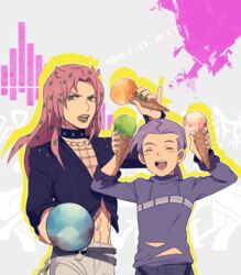  2boys commentary_request diavolo food freckles ice_cream jojo_no_kimyou_na_bouken lipstick long_hair makeup morphin_e multiple_boys pink_hair purple_hair vinegar_doppio 