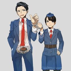  1boy belt blue_skirt commentary_request cuffed cuffs female garrison_cap handcuffs hat kamen_rider kamen_rider_drive_(series) necktie red_necktie shijima_kiriko skirt so_02_ra tomari_shinnosuke 