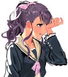  bad_id bad_pixiv_id blush clenched_teeth crying crying_with_eyes_open female hair_ribbon kujou_ume long_hair pink_eyes purple_hair ribbon rr_(suisse200) school_uniform solo tears teeth tokyo_7th_sisters upper_body wavy_hair wiping_tears 