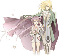  1boy ascot bad_id bad_pixiv_id blonde_hair boots brown_eyes cape chobihige cropped_jacket detached_sleeves female flower official_alternate_costume purple_eyes purple_hair richard_(king_of_windor)_(tales) richard_(tales) shorts sophie_(tales) sophie_(toast_of_the_town)_(tales) tales_of_(series) tales_of_graces twintails white_shorts 