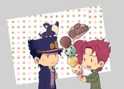  2boys animal animal_on_head black_hair boston_terrier canine chains chibi commentary_request food gakuran hat ice_cream iggy_(jojo) jojo_no_kimyou_na_bouken kakyoin_noriaki kujo_jotaro male_focus morphin_e multiple_boys on_head red_hair school_uniform stardust_crusaders terrier_(dog) 