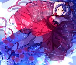  bare_shoulders black_hair breasts commentary_request dress female hayami_kanade idolmaster idolmaster_cinderella_girls large_breasts parted_bangs partially_submerged red_dress ribbon short_hair solo wemu_(ivycrown) yellow_eyes 