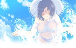  bikini_bottom blue_sky breasts female hat large_breasts official_art open_mouth see-through senran_kagura senran_kagura:_estival_versus senran_kagura_(series) sky solo straw_hat sun water wet wet_clothes yumi_(senran_kagura) 