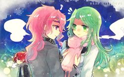  2girls axel_almer banned_artist coat english green_hair lamia_loveless lemon_browning long_hair multiple_girls night nunuko_(mu661129) pink_hair red_hair scarf smile snow super_robot_wars super_robot_wars_advance super_robot_wars_advance_portable super_robot_wars_original_generation 