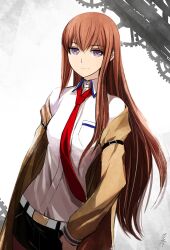  belt black_shorts brown_hair coat commentary dress_shirt female kriss_sison light_smile long_hair long_sleeves makise_kurisu necktie off_shoulder pantyhose pantyhose_under_shorts purple_eyes red_necktie shirt short_shorts shorts solo steins;gate 