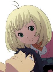  1boy absurdres ao_no_exorcist black_hair blonde_hair blue_eyes female green_eyes highres imageboard_desourced japanese_clothes moriyama_shiemi non-web_source okumura_rin short_hair transparent_background vector_trace 